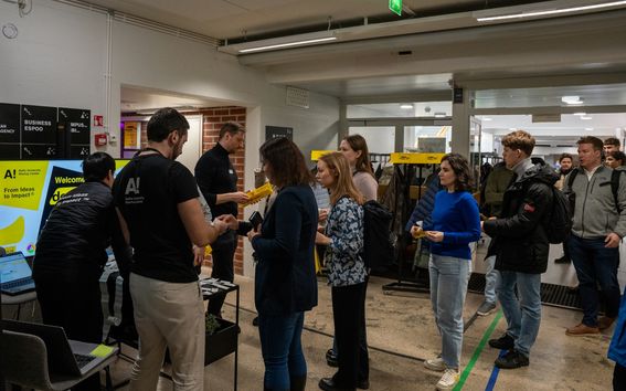People lining up to attend Aalto Startup Center Demo Day 2024
